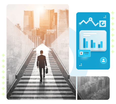  Investor climbing on the stairs with a bag in hand. Performance dashboard to the right upward side. 